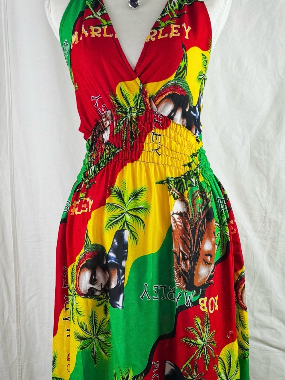 African Maxi, Dress, Red, Yellow & Green Bob Marley Print.